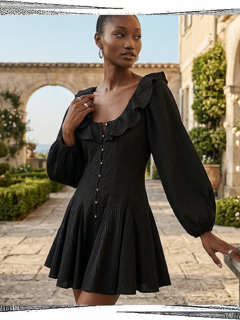 Anthropologie Black Ruffled Long-Sleeve Mini Romper - Picture 2 of 5